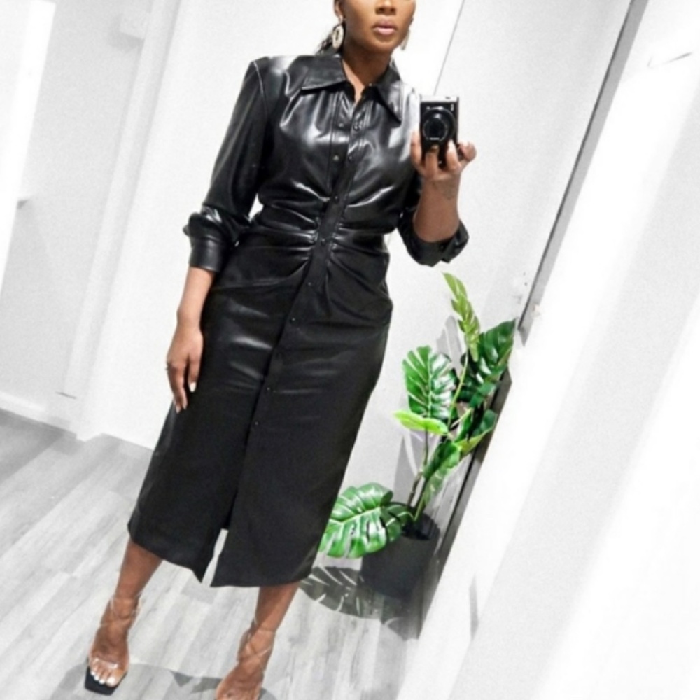 Zara Black Faux Leather Button-Down Midi Shirt Dress, Sz Med - Like New! Holiday - Picture 4 of 8
